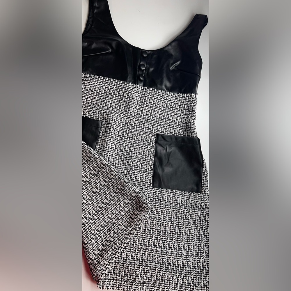FAUX LEATHER TWEED PATCHWORK DRESS